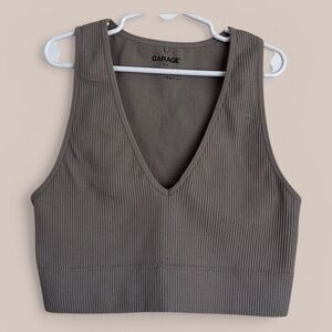 Garage Ribbed V-Neck Medium Brown Crop Top Size S